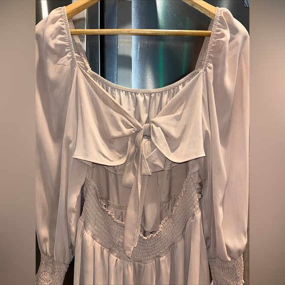 Exlura beige tan nude DRESS square Stretch Neck Long Ruffle sleeve Flowy Ties 2X - Picture 9 of 14